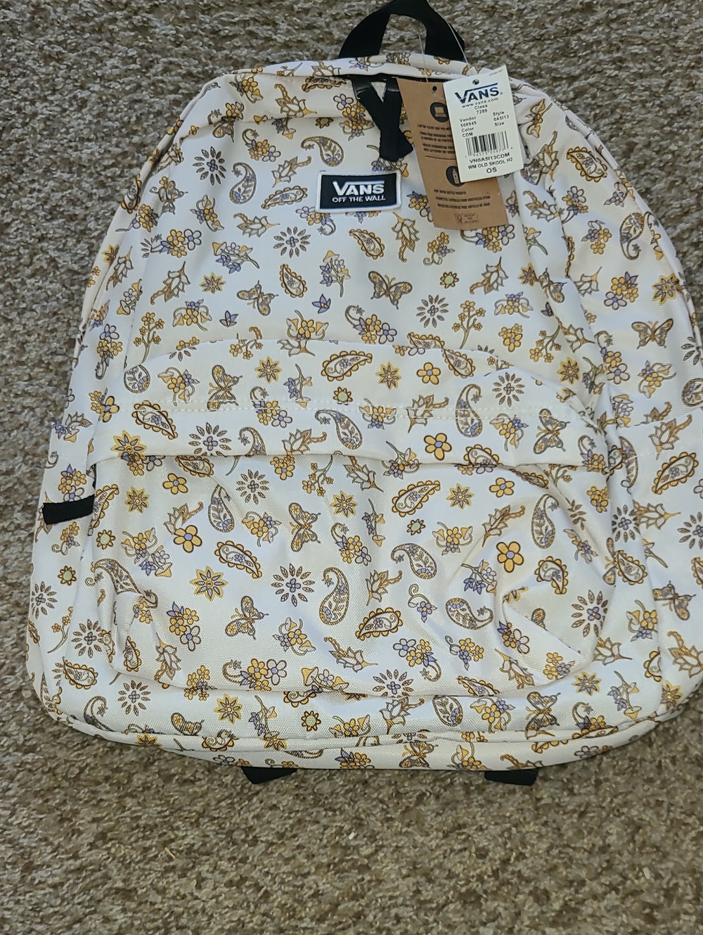 Vans White Backpack with Yellow & Light Brown Floral Paisley Print